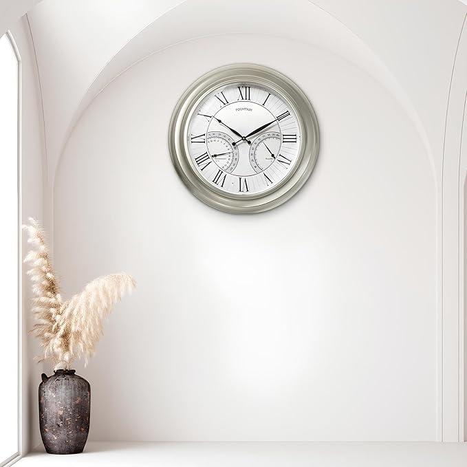 24 Inch Outdoor Clocks Waterproof, Self-Illuminated Large Outdoor Clock with Thermometer and Hygrometer Combo for Patio,Pool and Garden Decor,Roman Numeral,Morning Silver