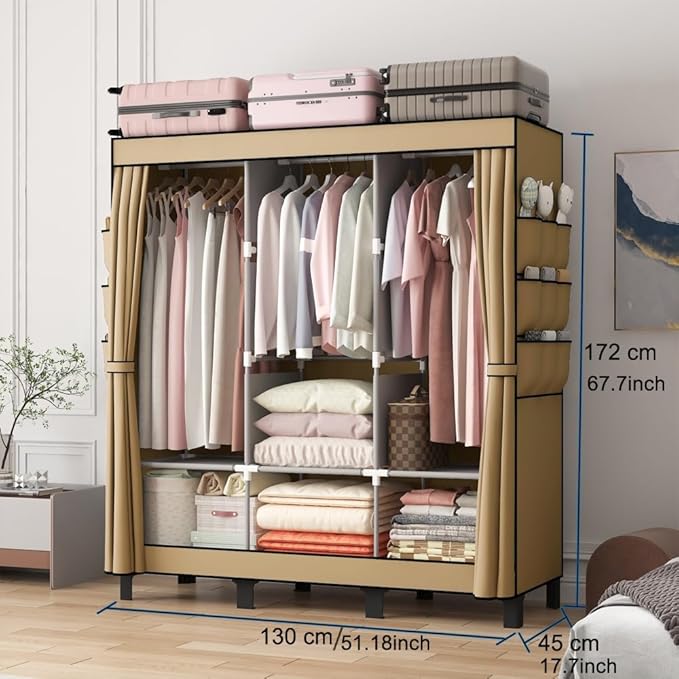 Portable Closet, Clothes Storage Box, Simple Wardrobe for Hanging Clothes, Multiple Shelves and 3 booms,6 Side Pockets (Black)” (Cream Colour, Large)