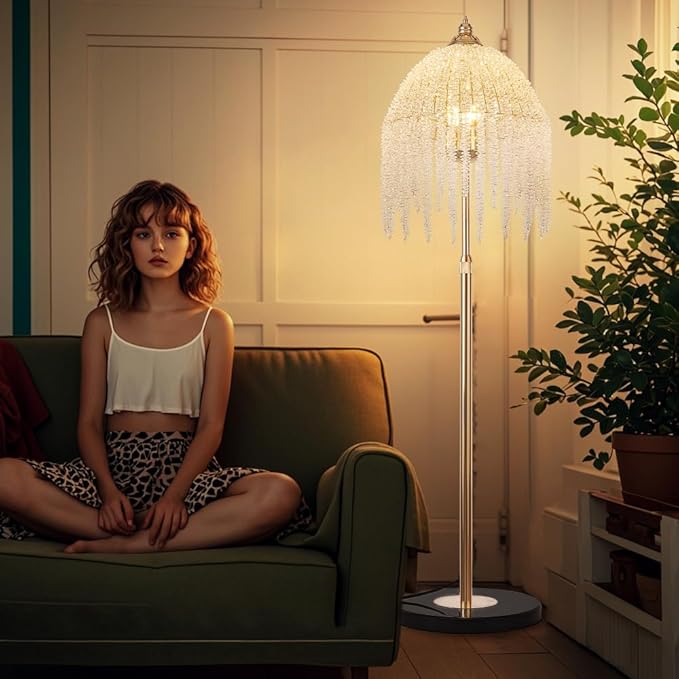 Vintage Style Floor Standing Lamp, Waterfall Design with Grape-Shaped Tall Gold Pole Light, Modern Dimmable Crystals Standing Lamps (Gold + Iron-6)