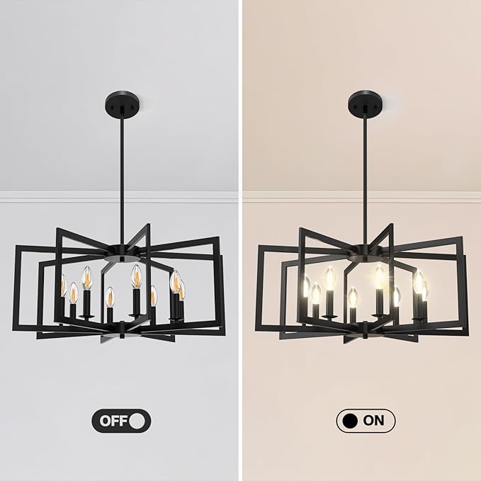 Modern Black Chandelier, 8-Light Geometric Dining Room Light Fixture, Industrial Pendant Lights Kitchen Island, Hanging Metal Farmhouse Chandeliers for Dining Room Entryway Foyer Bedroom Kitchen
