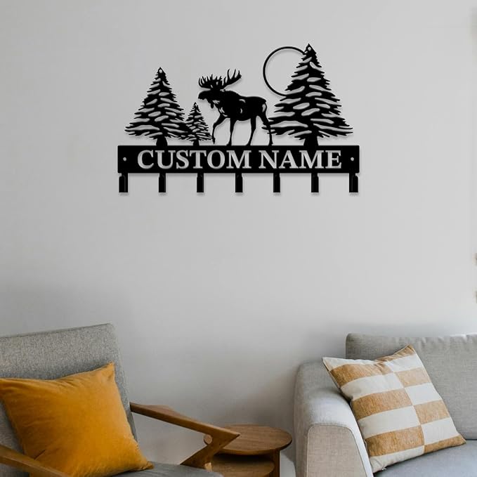 Personalized Custom Name Forest Deer Wall Keys Hooks,Metal Forest Deer Art Clothes Hooks,Metal Forest Deer Wall Home Storage Decorative,For Front Door, Hallway, Kitchen, Bedroom,Keys,Hats (Style C)