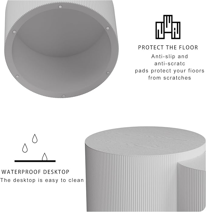 Round Nesting Coffee Table,Modern Fluted Coffee Tables Set of 2, Circle Vertical Stripe Design Drum Center Table Crescent Side Accent and Tables for Living Room (White)