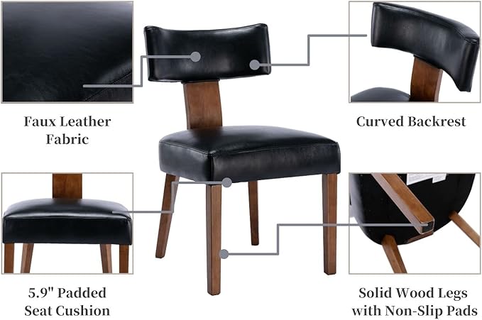 Mid Century Modern Dining Chairs Set of 2 PU Leather Upholstered Side Chairs, Modern Kitchen Armless Parson Chairs Solid Wood Dining Chairs, Black