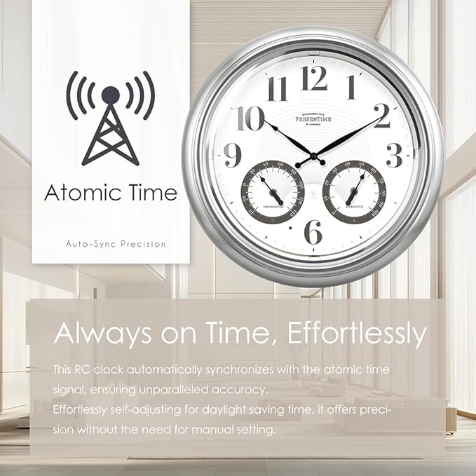 Presentime & Co 18" Illuminated in/Outdoor Atomic Clock with Smart Sensor and Night Light, Waterproof, Large Wall Clock with Thermometer & Hygrometer, for Garden and Patio, Silver.