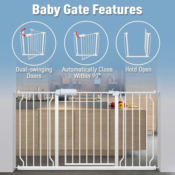 ALLAIBB Extra Wide Pressure Mount Baby Gate Auto Close White Metal Child Dog Pet Safety Gates with Walk Through for Stairs,Doorways,Kitchen and Living Room (62.20-71.26"/158-181cm)