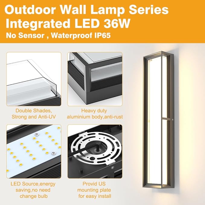 Sytmhoe Exterior Wall Light Fixture,2Packs 10%-100% Dimmable LED Modern Outdoor Patio Wall Light Fixture, 23.6in Black Exterior Sconce Wall Mounted Lights for Garage Living Room Courtyard House(3000K)