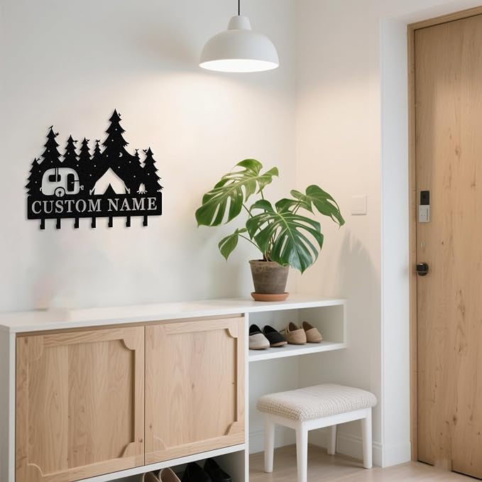 Personalised Metal Key Rack Hooks,Camp Theme Key Holder with Name,Custom Key Holder for Wall,Home Sweet Home Decor,Housewarming Gift Camp 2