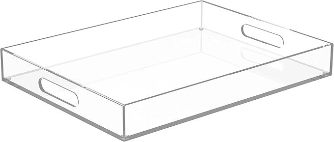 16"x12" Large Acrylic Serving Tray Decorative Ottoman Coffee Table Vanity Tray Tea Fruit Platter Snack Appetizer Dessert Drink with Handles for Bar Kitchen Party, Clear