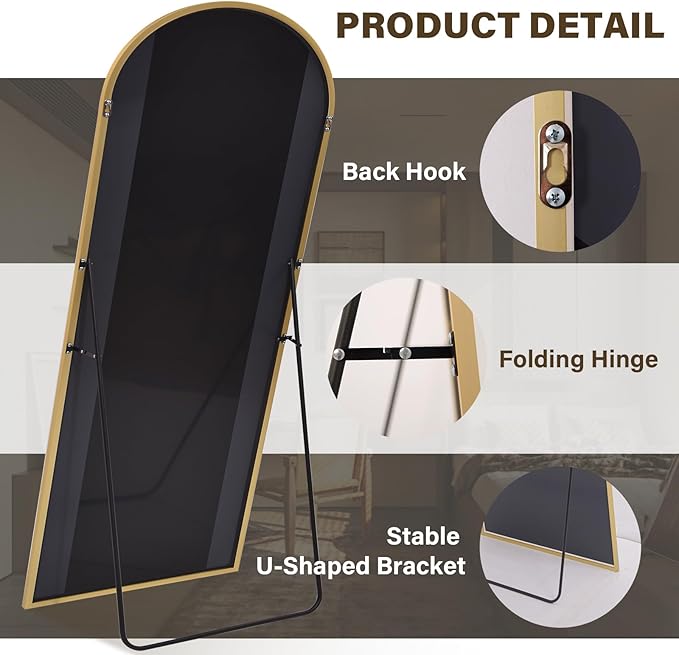 86"x40" Arched Full Length Mirror Floor Mirrors with Aluminum Alloy Frame Free-Standing Wall Mounted Floor Mirrors or Large Dressing Mirror, Gold Mirror Full Length