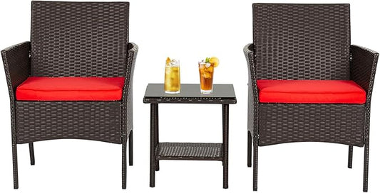 FDW | 3-Piece Patio Furniture Set | Brown & Red | Outdoor Wicker Furniture with Coffee Table | Modern Rattan Chairs Conversation Set | Outdoor Seating | Weather-Resistant | for Porch, Garden, Lawn