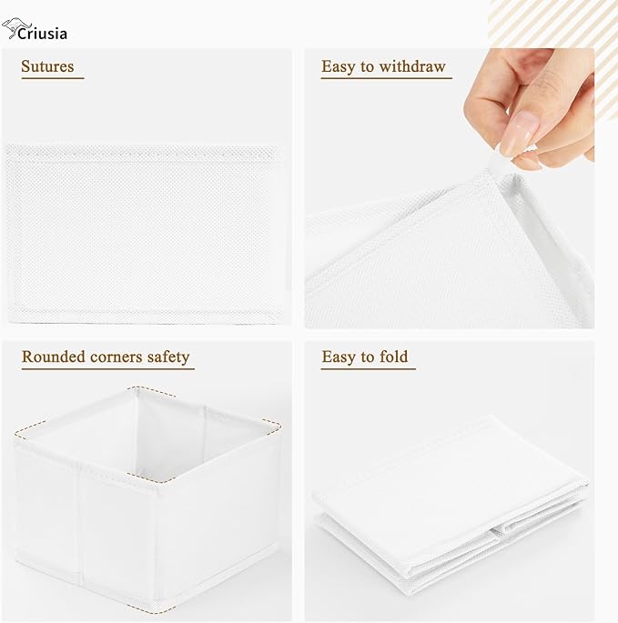 Criusia 15 Pack Drawer Organizer for Clothes, Foldable Dresser Dividers with 3 Sizes, Fabric Storage Bins – White