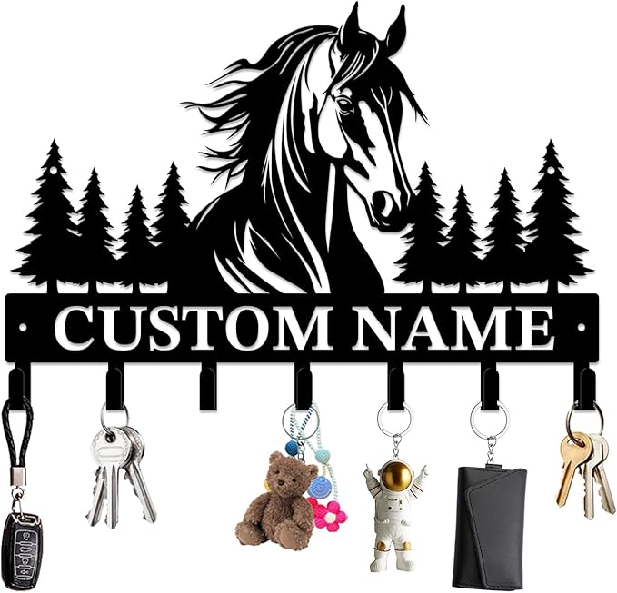 Personalized Custom Name Farm Horse Wall Key Hooks,Metal Horse Art Clothes Hooks,Metal Horse Wall Home Storage Decorative,For Front Door, Hallway, Kitchen, Bedroom,Keys,Hats (Style B)