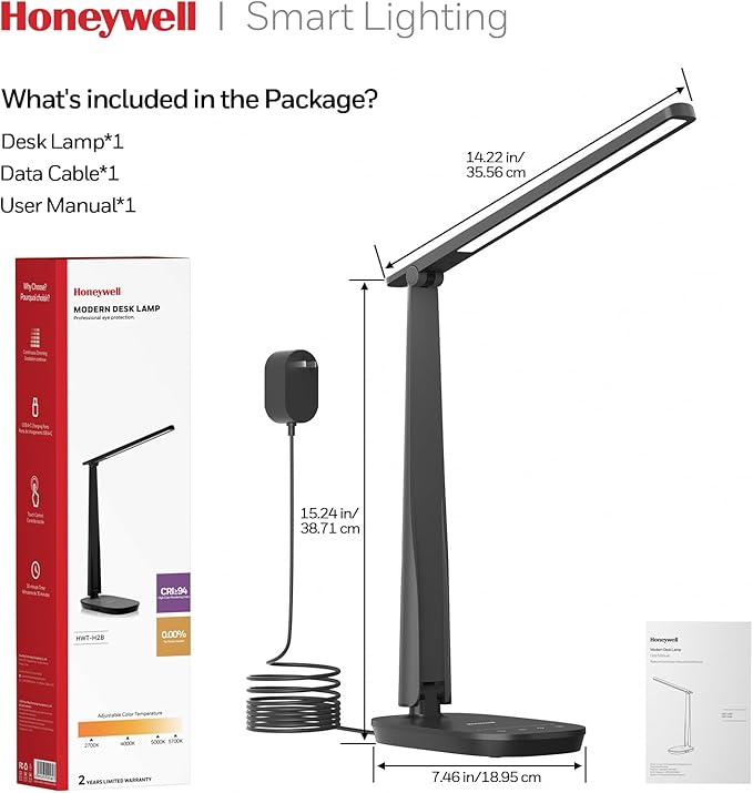 Honeywell LED Desk Lamp for Home Office, Eye-Caring Light with 4 Color Modes & Touch Control, USB A+C Charging Ports, Adjustable Rotating Head with Timer for Reading, Bedroom & Small Desks