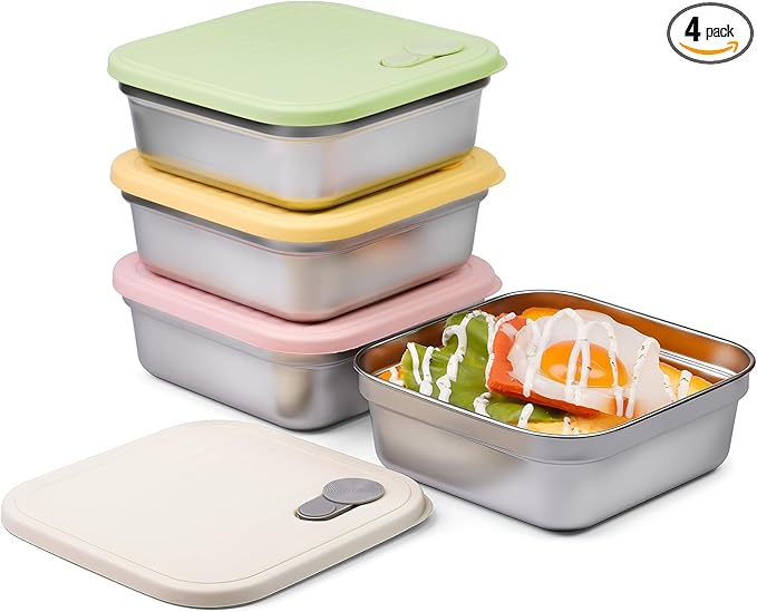 4 Pack Sandwich Containers, 20oz Stainless Steel Sandwich Box with Lids, Reusable Metal Meal Prep Lunch Boxes, BPA-Free, Dishwasher Safe, Food Storage Containers for Snacks & Fruits
