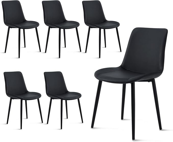 Black Leather Dining Chairs Set of 6, Mid Century Modern Faux Leather Kitchen & Dining Room Chairs, Comfortable Dinner Chair Kitchen Chair for Restaurant Living Room, Cafe, Home (6, Black)