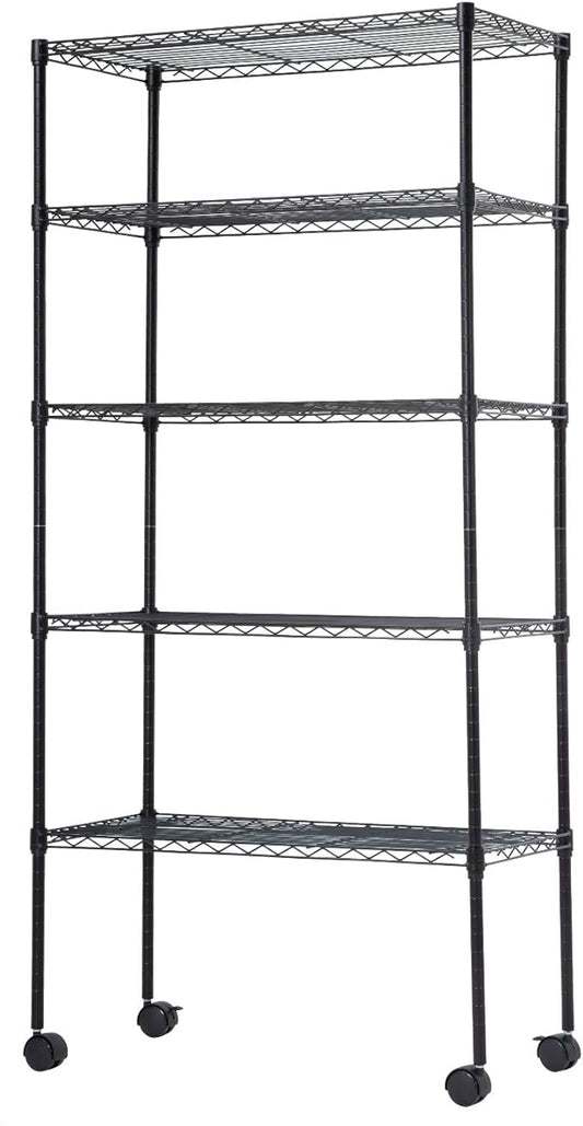 BestOffice | 5-Tier Wire Storage Shelves with Wheels | 14x30x60 | Black | Adjustable Racks | Heavy-Duty Metal Shelf, Holds Upto 220 lbs | No-Tool Assembly | Ideal for Home & Garage Shelving
