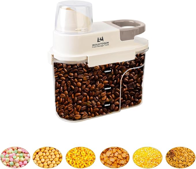 Airtight Cereal Containers Storage Food Dispenser, Plastic Cereal Storage Containers with Pouring Spout, Lids and Measuring Cup for Sugar,Rice, Coffee Beans, Dry Food, Grains, BPA Free - 1300ml (Grey)