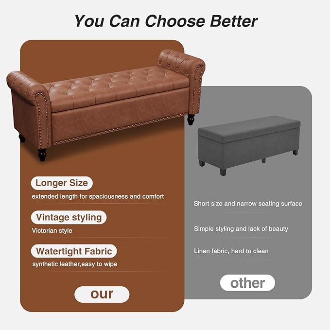 55 Inch Bedroom Storage Bench, Faux Leather End of Bed Bench with Storage, Upholstered Ottoman Foot Rest with Rolled Arms for Bedroom, Living Room, Apartment, Brown