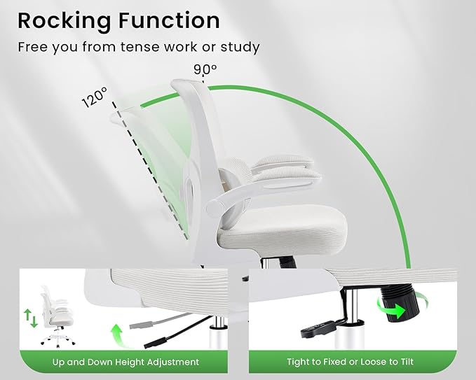Ergonomic Office Chair, Comfy Desk Chair with Adjustable Lumbar Support, Mesh Computer Chair with Wheels, Flip-up Armrests, Swivel Rolling Executive Chair for Home Office, Gaming, White