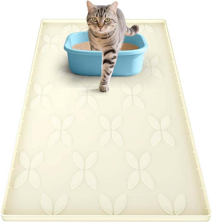 Cat Litter Mat, Large 34" x 22" Litter Box Mat, Waterproof Silicone Litter Mat for Litter Box, Non-Slip, Easy to Clean (Beige)