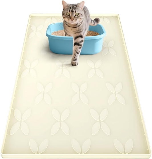 Cat Litter Mat, Large 34" x 22" Litter Box Mat, Waterproof Silicone Litter Mat for Litter Box, Non-Slip, Easy to Clean (Beige)