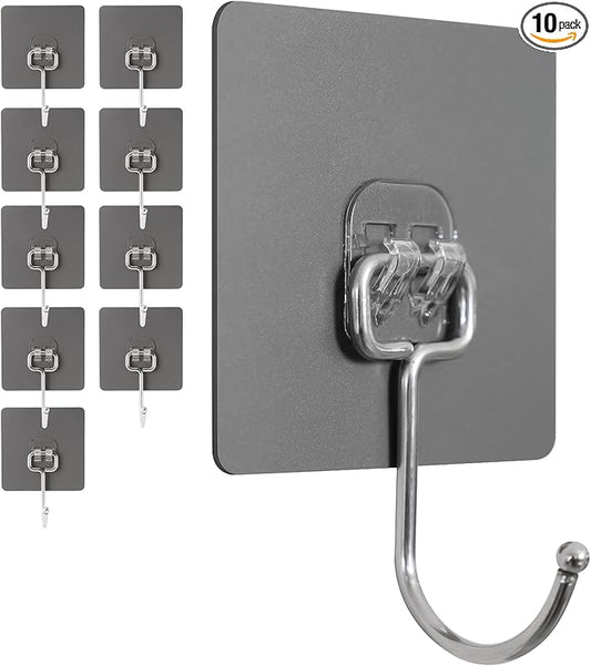Adhesive Wall Hooks for Hanging - 60lb Heavy Duty Waterproof & Rustproof, Sticky Hooks for Walls No Damage, Kitchen/Bathroom/Rental (Ganchos para Pared) 10-Pack