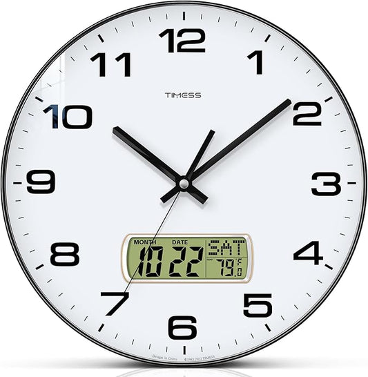 Wall Clock, 10" Dial Non-Ticking Silent Battery Operated Analog with LCD Display for Perpetual Calendar and F° Temperature, Ideal Modern Home, Bedroom, Kitchen, Office Decor (Black)