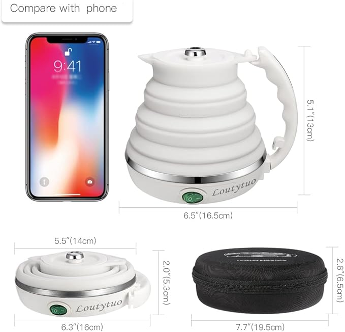 Ultrathin Upgraded Food Grade Silicone Travel Foldable Electric Kettle Boil Dry Protection Portable with Dual Voltage and Separable Power Cord,555ML 110-220V US Plug