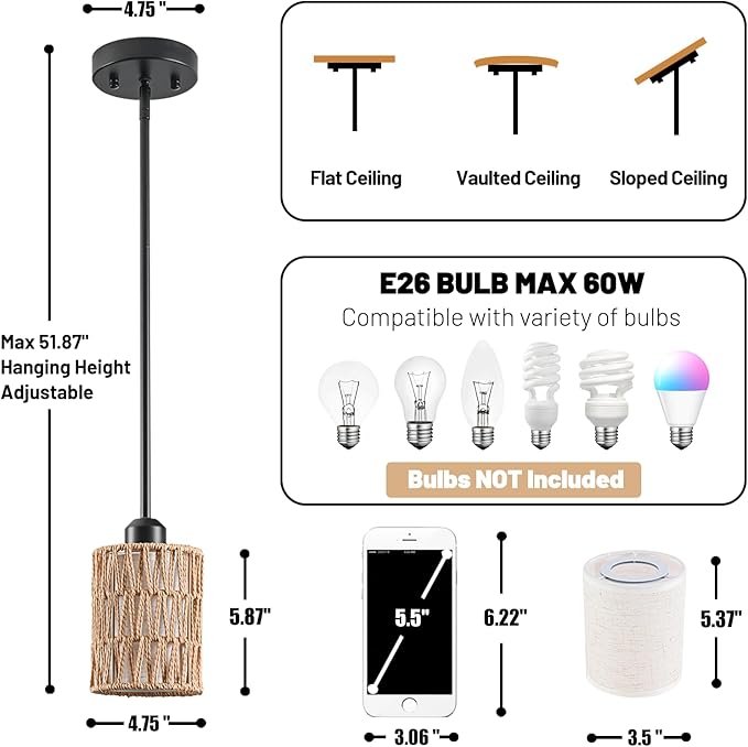 Pendant Light Boho Hanging Lamp - Rattan & Linen 2-in-1 Shade, Adjustable Hanging Lights Fixture for Kitchen Island, Dining Room, Farmhouse, Bedroom (2 Pack)