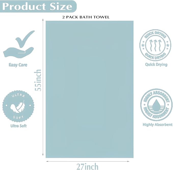 2-Pack Microfiber Bath Towels (27x54 Inches) - Ultra Soft & Quick Dry, 3X Absorbency, Lightweight for Gym, Yoga, Travel & Spa - Perfect for Home, Fitness & Post-Workout,(Bule)
