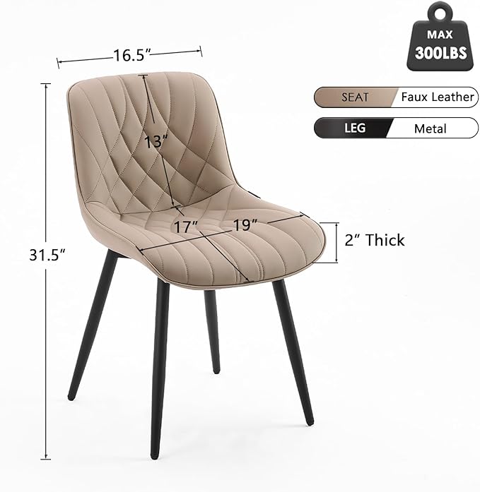 YOUNUOKE Dining Chairs Set of 2 Mid Century Modern Kitchen Chair Comfortable Upholstered Faux Leather Dinner Chairs for Kitchen Dining Room, Khaki