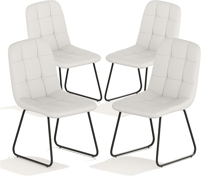 Faux Leather Dining Chairs Set of 4, Modern Upholstered Kitchen Chairs with Curved Backrest and Metal Legs, PU Leather Dining Room Chairs for Kitchen Living Dining Room Set of 4 White