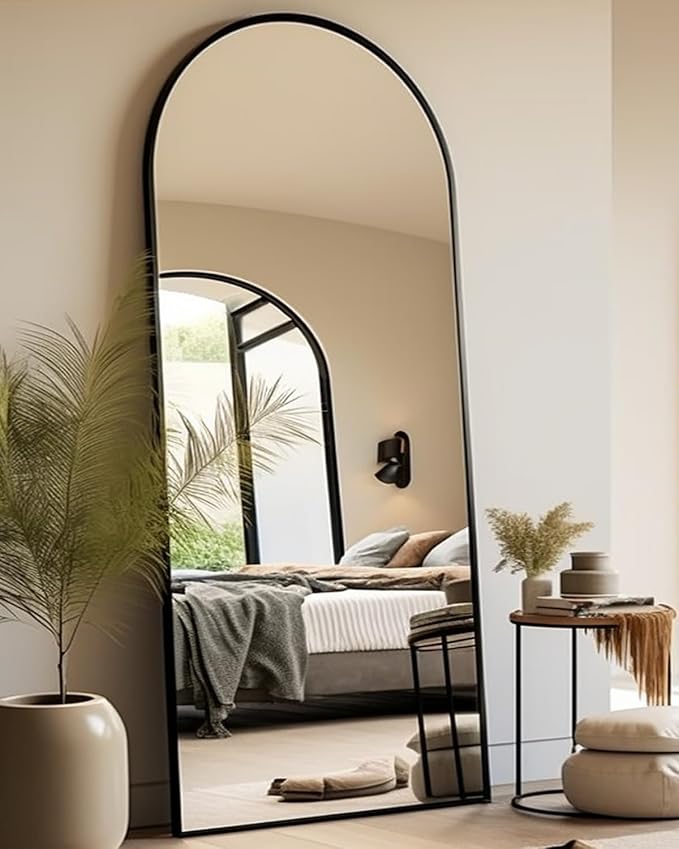 Full Length Mirror, Arched Floor Mirror with Stand, 28"x71" Oversized Floor Mirror, Wall Mirror Full Length Freestanding, Wall Mounted Mirror for Bedrooom Living Room, Black