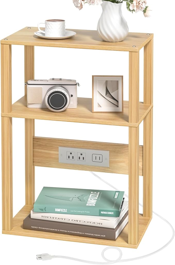 3-Tier Small Narrow Bamboo Side Table with Charging Station, Skinny Nightstand for Small Space, Slim Bedside Table with Storage for Couch, Wooden Thin End Table with USB Ports and Outlets, Natural