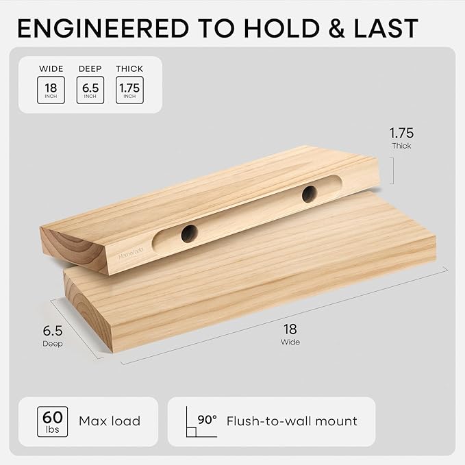 Homeforia 18 inch Natural Floating Shelf, High End Solid Real Wood 18inch Small Floating Shelves for Wall Mounted, Natural Wooden Floating Shelves, Heavy Duty Bracket, 18 X 6.5 X 1.75 in, Set of 2