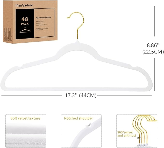 ManGotree Velvet Coat Hangers with 360° Swivel Gold Hook, Non-Slip Felt Suit Hangers, Slim Space Saving Clothes Hanger for Jacket, Sweater, Shirt, Dress, Pants (48 Pack, White)