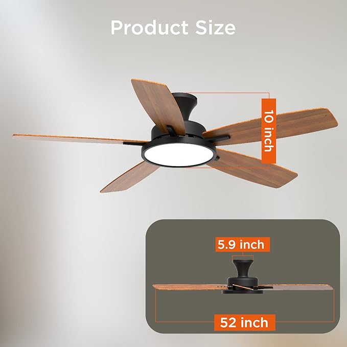 TALOYA 52 inch Ceiling Fans with Lights and Remote, Low Profile Ceiling Fan with Light, Flush Mount, Reversible, 3CCT, Dimmable, Ultra Quiet Black Ceiling Fan for Bedroom Living Room Indoor Outdoor