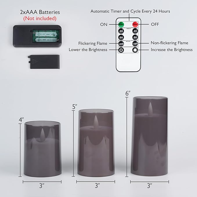 Homemory Realistic Flickering Flameless Candles Battery Operated, LED Fake Electric Candles with Remote Control and Timer for Home, Christmas Decoration, Grey, Set of 3