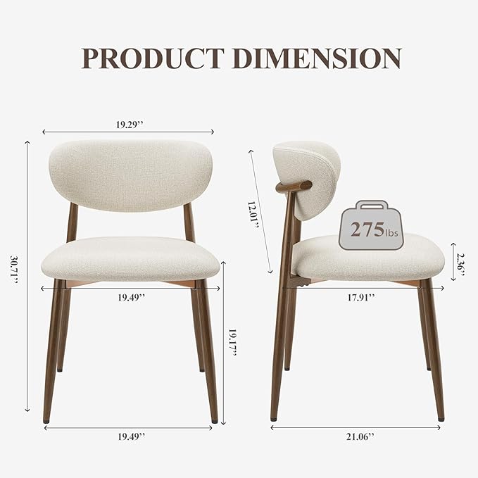 Dining Chairs Set of 2, Upholstered Dining Room Chairs with Metal Legs and Anti Slip Pads, Curved Back Kitchen Chair for Home and Restaurant Use, Beige