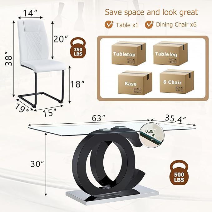 63'' Glass Dining Table Set for 6, Kitchen Table Chairs Set of 6, Clear Glass Dining Table with Black unique design Leg and Silver Metal Base, 6 PU Dining Chairs with Metal Legs, Living Room, Kitchen.