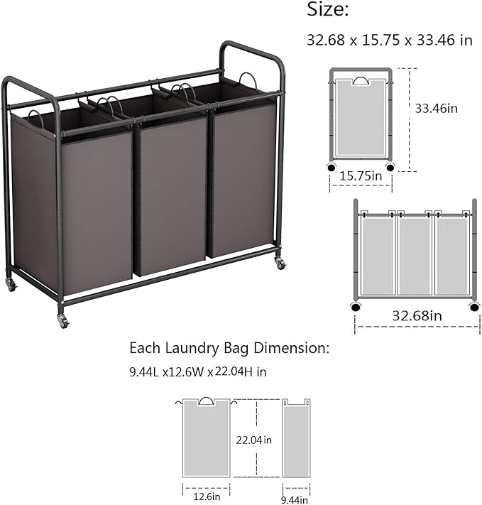 LINZINAR 3-Bag Laundry Sorter,Laundry Hamper Cart with Heavy Duty Rolling Lockable Wheels and Removable Bags (Brown)