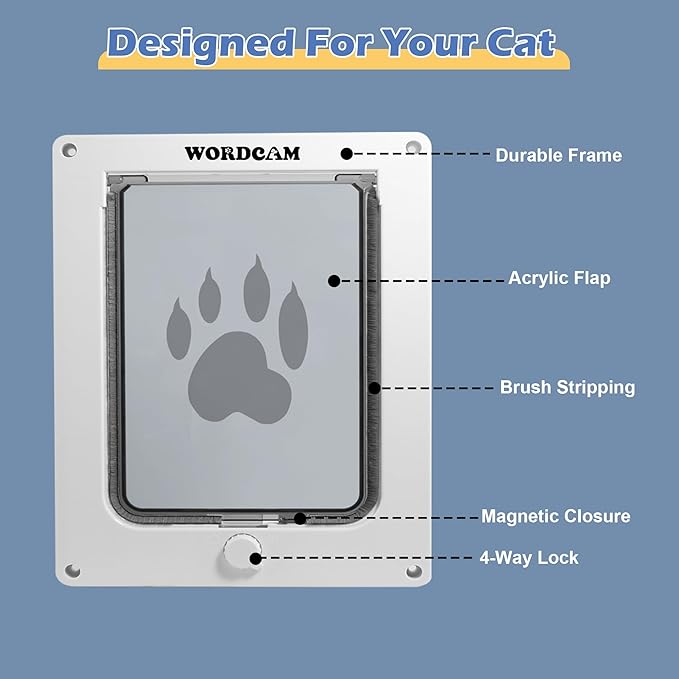 Wordcam X-Large Cat Door, Cat Door for Interior Exterior Doors, 4 Way Locking Pet Door for Cat Up to 25lbs, Cat Flap Privacy Door for Kitten Doggies, Easy Installation, Weatherproof (White, XL)