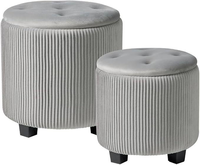 Big Round Ottoman with Storage Set of 2,Upholstered Velvet Vanity Stool for MakeupMultifunctional Foot Rest Coffee Table Padded Seat Tufted Ottomans for LivingRoom&Bedroom(Grey)