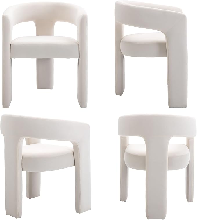 Set of 4 Modern Velvet Fabric Upholstered Dining Chairs with Open-Back, Cute Barrel Side Chairs Kitchen Armchair Accent Chairs for Dining Room Bedroom, Ivory