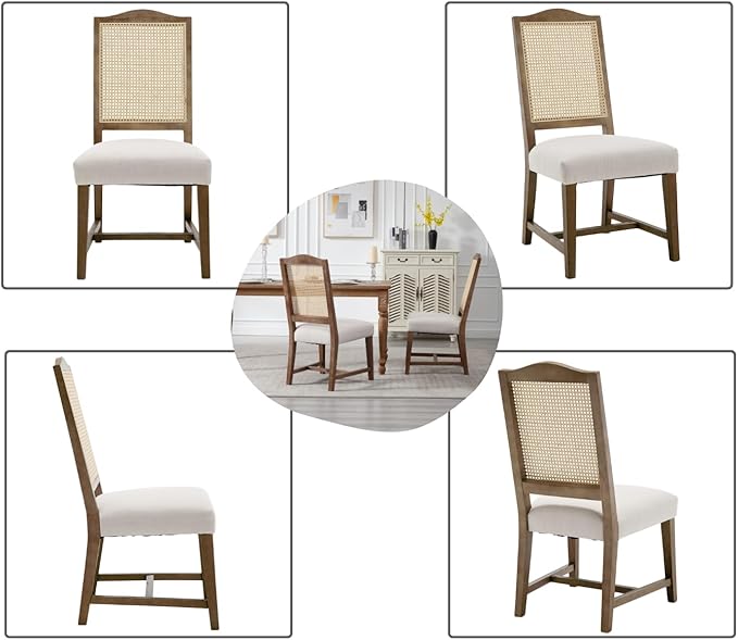 EALSON Rattan Dining Chairs Set of 6 Linen Upholstered Dining Room Chairs with Cane Back Mid Century Modern Kitchen Chairs Natural Wood Frame Side Chairs for Dining Room, Beige