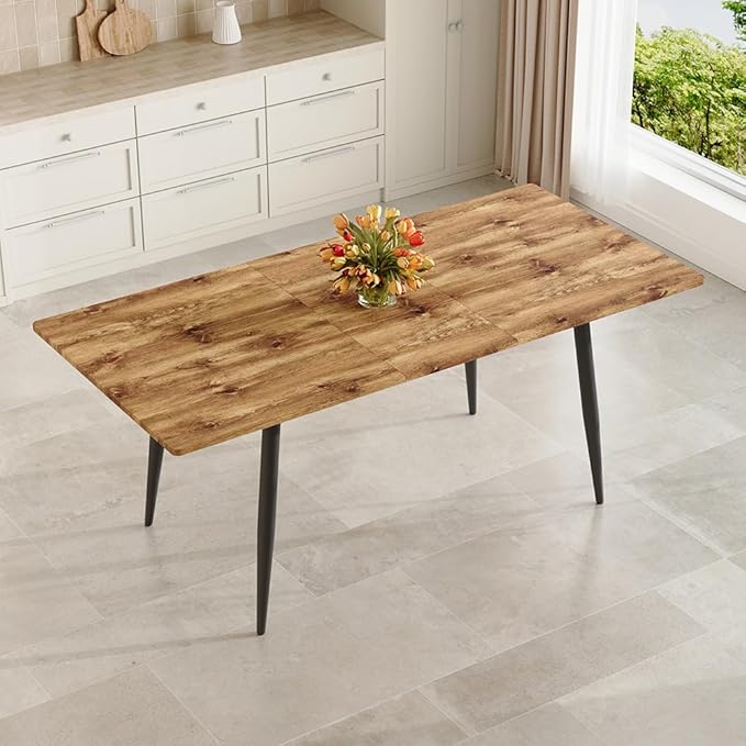 59"-75" Wood Extendable Dining Table for 6–8, Farmhouse Rectangular Dining Room Table with Black Metal Legs, Rustic Wood Grain MDF Top, Modern Space-Saving Dinner Table for Kitchen or Apartment