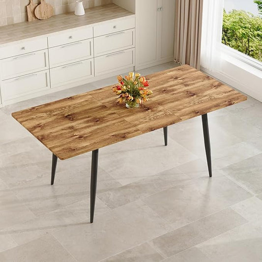 59"-75" Wood Extendable Dining Table for 6–8, Farmhouse Rectangular Dining Room Table with Black Metal Legs, Rustic Wood Grain MDF Top, Modern Space-Saving Dinner Table for Kitchen or Apartment