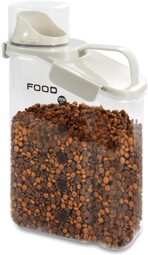Dog Food Storage Container, Pet Food Container with Airtight Pour Spout, Cat Food Storage Container with Measuring Cups, Portable Pet Food Container for Dogs, Cats, Birds（White）