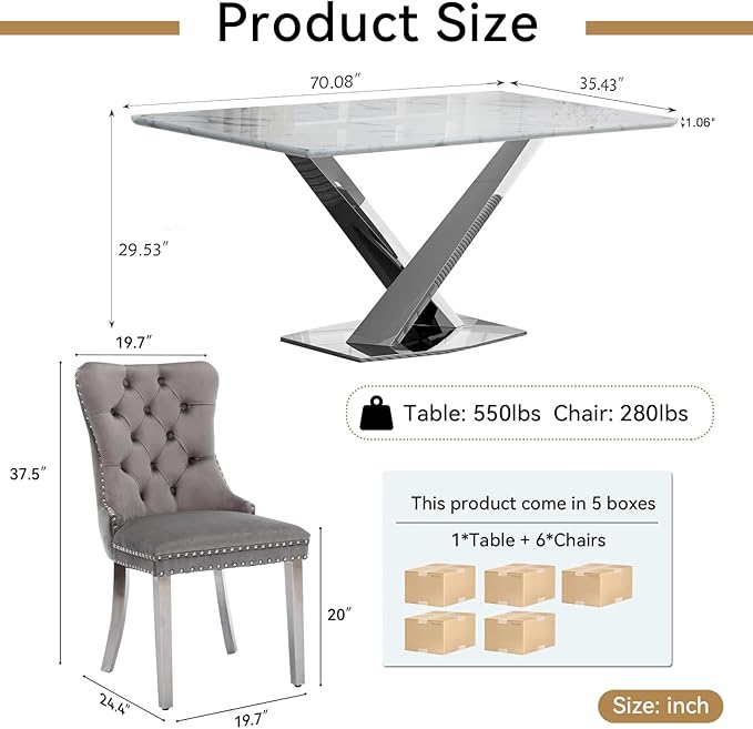 Goujxcy 70" Faux Marble Dining Table Set for 6, 7-Piece Dining Set with White Silver Kitchen Table and 6 Velvet Tufted Chairs, Modern Rectangular Dining Room Table with X-Shape Stainless Steel Base