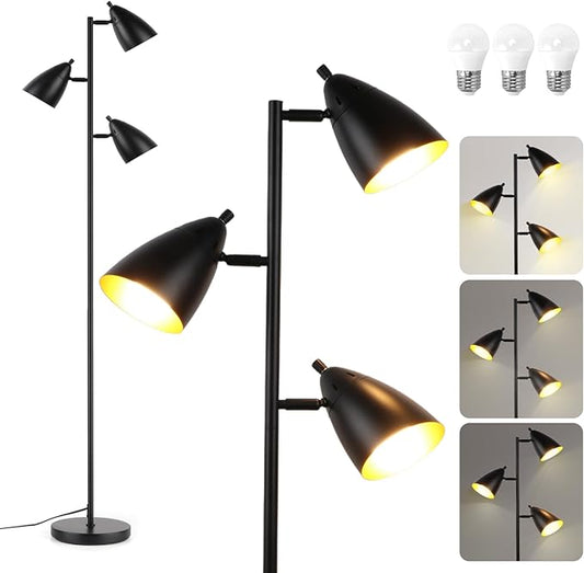 Tree Floor Lamp for Living Room, Industrial 3-Light Standing Lamp with 3 LED Bulbs, Adjustable Rotation Heads, Standing Tall Pole Lamp Farmhouse Rustic Reading Lamps for Bedroom Office (Black)